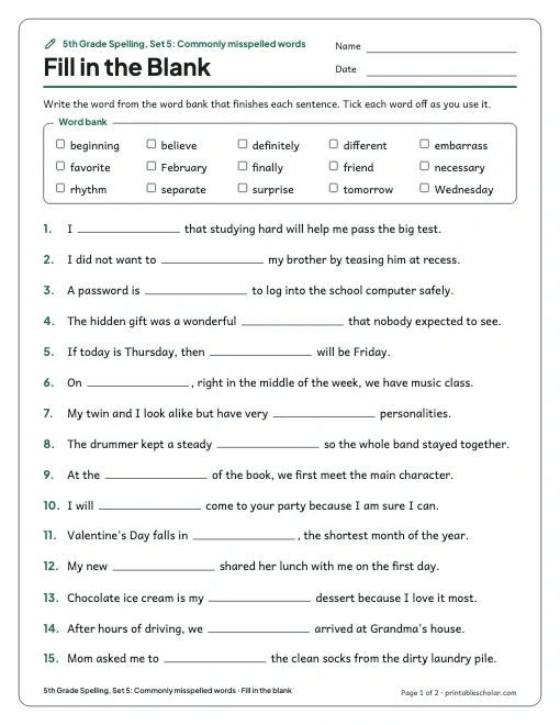 5th Grade Spelling, Set 5: Commonly misspelled words: fill in the blank preview