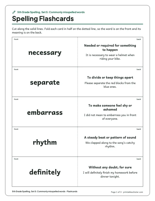 5th Grade Spelling, Set 5: Commonly misspelled words: flashcards preview