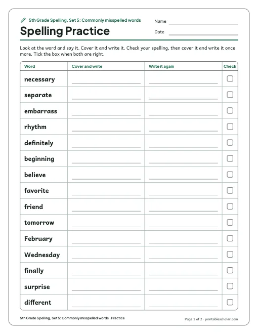 5th Grade Spelling, Set 5: Commonly misspelled words: practice and test preview