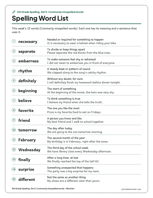 5th Grade Spelling, Set 5: Commonly misspelled words: word list preview