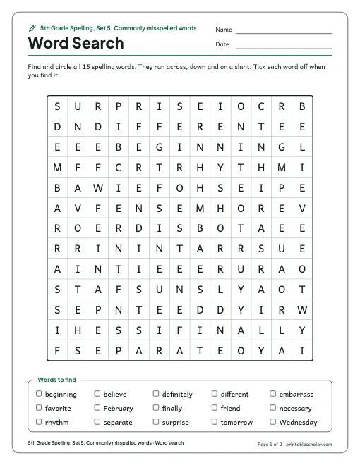 5th Grade Spelling, Set 5: Commonly misspelled words: word search preview