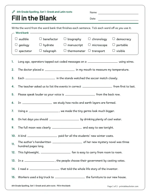 6th Grade Spelling, Set 1: Greek and Latin roots: fill in the blank preview