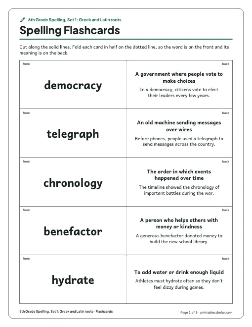 6th Grade Spelling, Set 1: Greek and Latin roots: flashcards preview