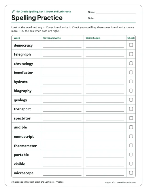6th Grade Spelling, Set 1: Greek and Latin roots: practice and test preview