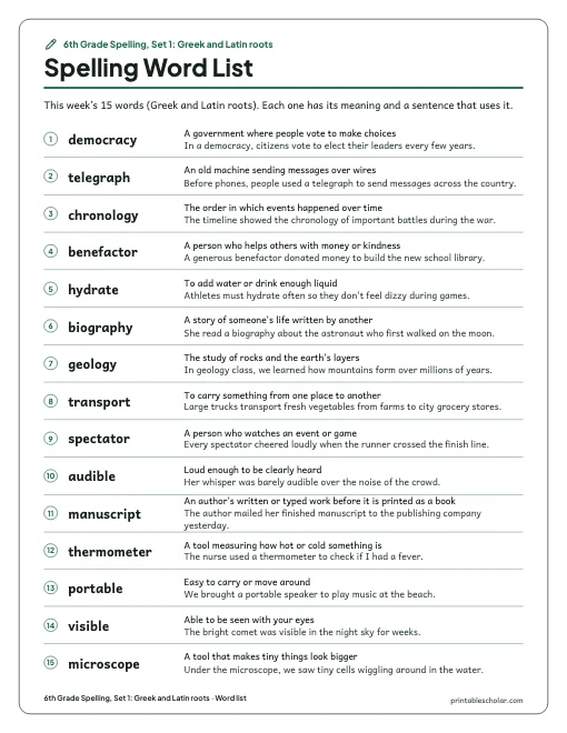 6th Grade Spelling, Set 1: Greek and Latin roots: word list preview
