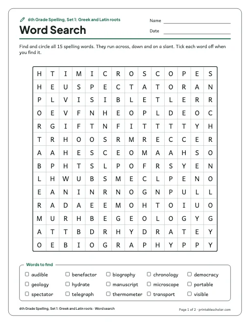 6th Grade Spelling, Set 1: Greek and Latin roots: word search preview
