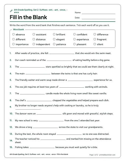 6th Grade Spelling, Set 2: Suffixes -ent, -ant, -ence, -ance: fill in the blank preview