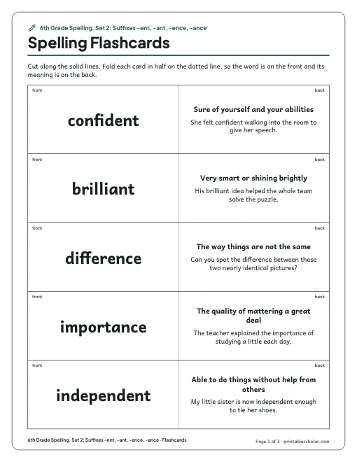 6th Grade Spelling, Set 2: Suffixes -ent, -ant, -ence, -ance: flashcards preview