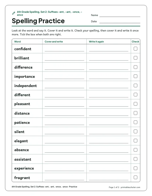 6th Grade Spelling, Set 2: Suffixes -ent, -ant, -ence, -ance: practice and test preview