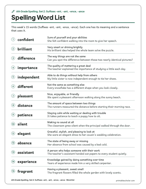 6th Grade Spelling, Set 2: Suffixes -ent, -ant, -ence, -ance: word list preview