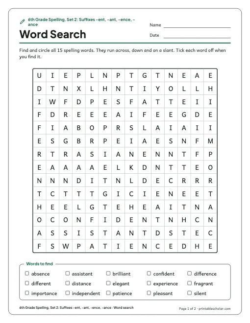 6th Grade Spelling, Set 2: Suffixes -ent, -ant, -ence, -ance: word search preview