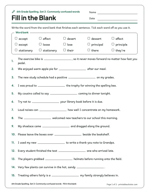6th Grade Spelling, Set 3: Commonly confused words: fill in the blank preview