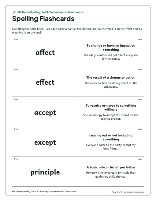 6th Grade Spelling, Set 3: Commonly confused words: flashcards preview