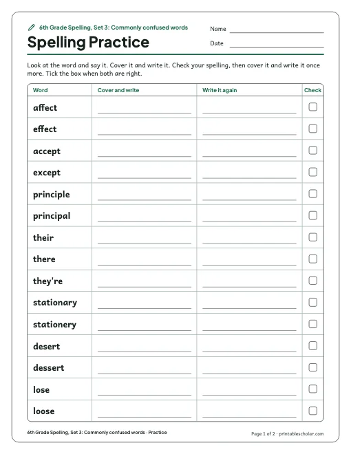 6th Grade Spelling, Set 3: Commonly confused words: practice and test preview
