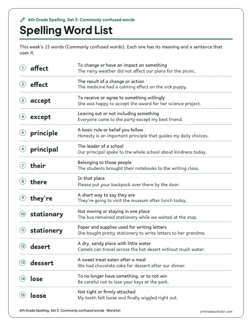 6th Grade Spelling, Set 3: Commonly confused words: word list preview