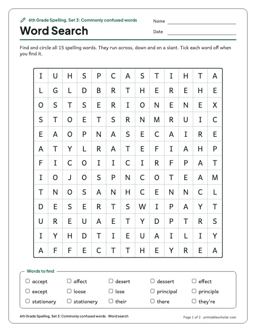 6th Grade Spelling, Set 3: Commonly confused words: word search preview