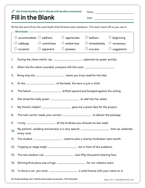 6th Grade Spelling, Set 4: Words with double consonants: fill in the blank preview