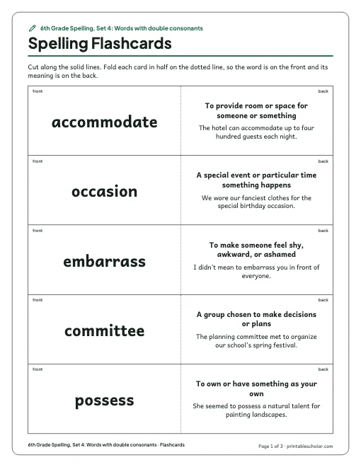 6th Grade Spelling, Set 4: Words with double consonants: flashcards preview