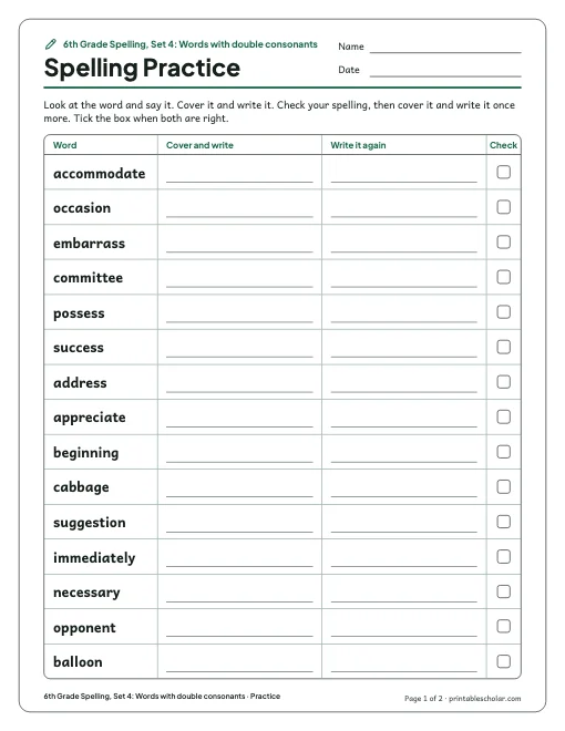 6th Grade Spelling, Set 4: Words with double consonants: practice and test preview