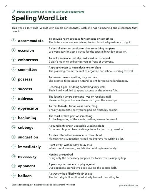 6th Grade Spelling, Set 4: Words with double consonants: word list preview