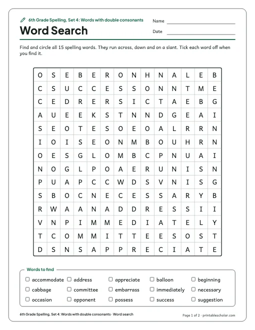 6th Grade Spelling, Set 4: Words with double consonants: word search preview