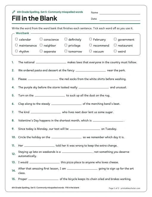 6th Grade Spelling, Set 5: Commonly misspelled words: fill in the blank preview