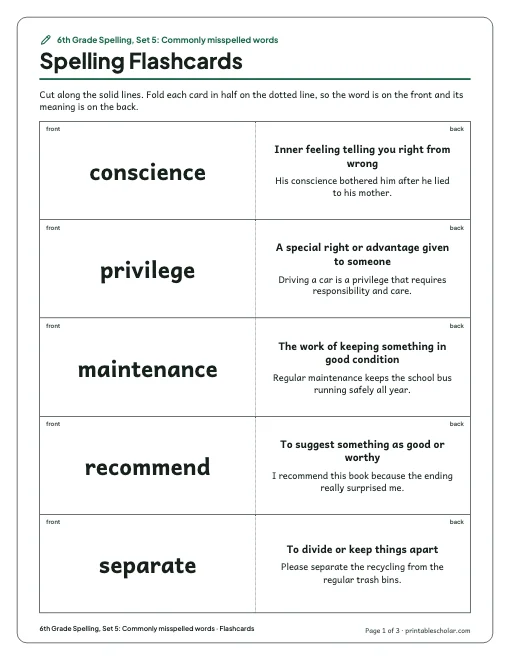 6th Grade Spelling, Set 5: Commonly misspelled words: flashcards preview