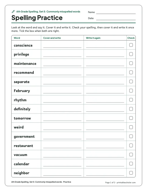 6th Grade Spelling, Set 5: Commonly misspelled words: practice and test preview