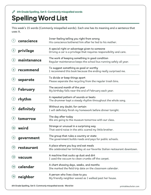 6th Grade Spelling, Set 5: Commonly misspelled words: word list preview