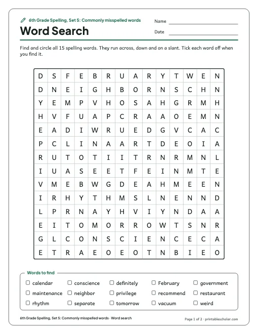 6th Grade Spelling, Set 5: Commonly misspelled words: word search preview