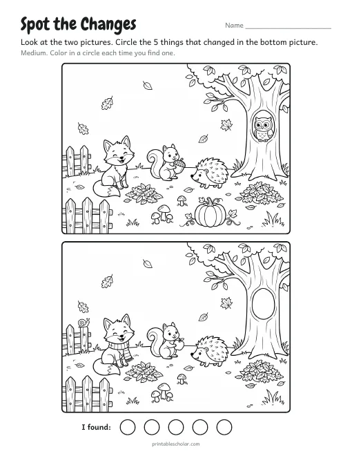 Spot the difference printable: Autumn Forest, two copies of an illustrated scene