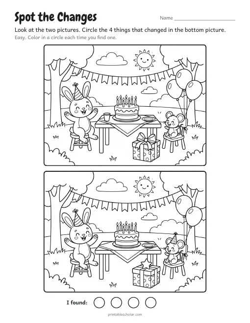 Spot the difference printable: Birthday Party, two copies of an illustrated scene