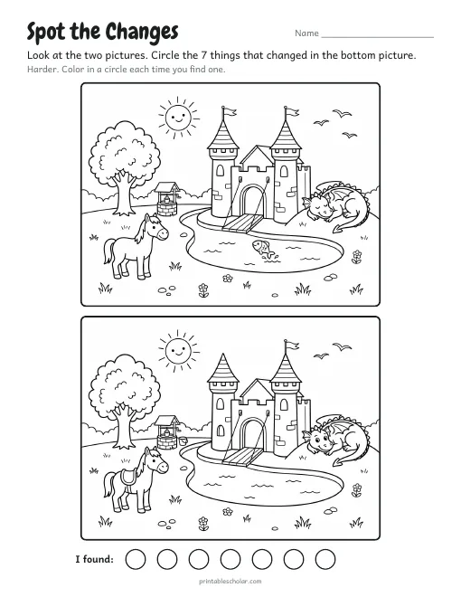 Spot the difference printable: The Castle, two copies of an illustrated scene