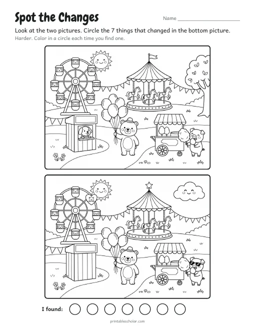 Spot the difference printable: The Fun Fair, two copies of an illustrated scene