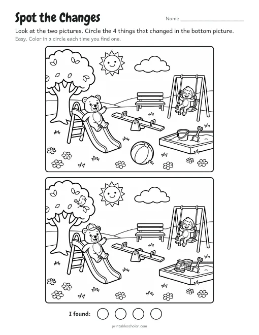 Spot the difference printable: At the Playground, two copies of an illustrated scene