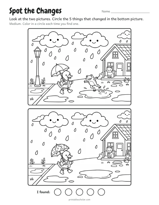 Spot the difference printable: Rainy Day, two copies of an illustrated scene