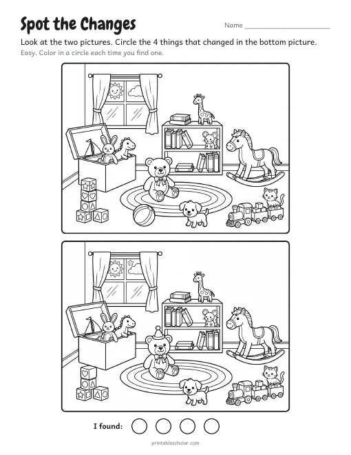 Spot the difference printable: The Toy Room, two copies of an illustrated scene