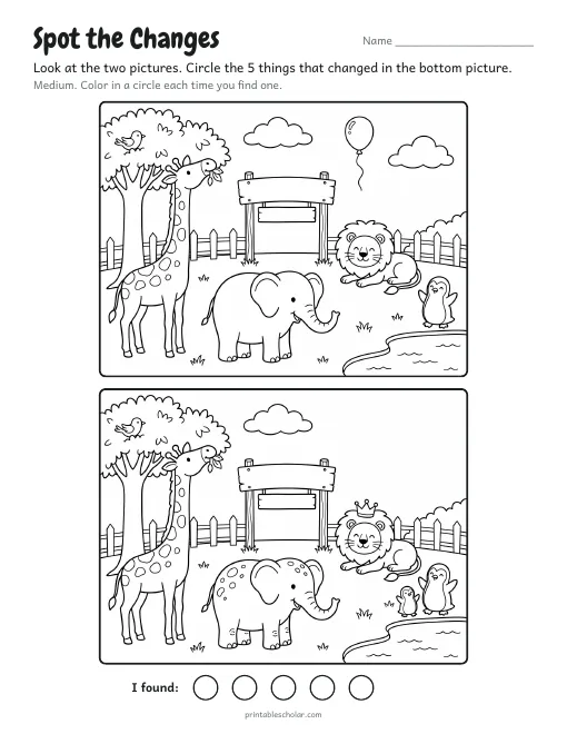 Spot the difference printable: A Day at the Zoo, two copies of an illustrated scene