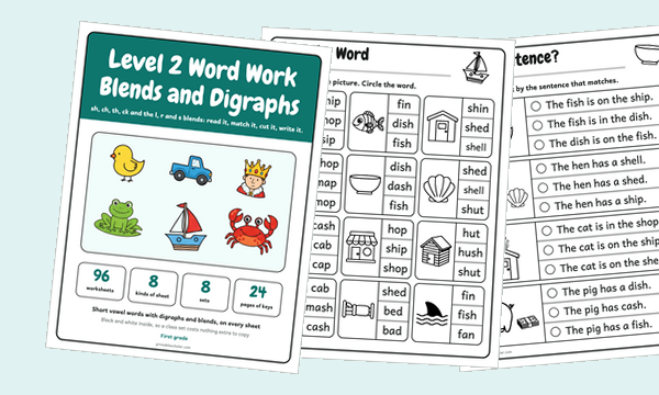 Level 2 Word Work, Blends and Digraphs: the pack cover and two worksheets