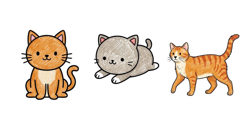 How to Draw a Cat: the finished drawings, colored in