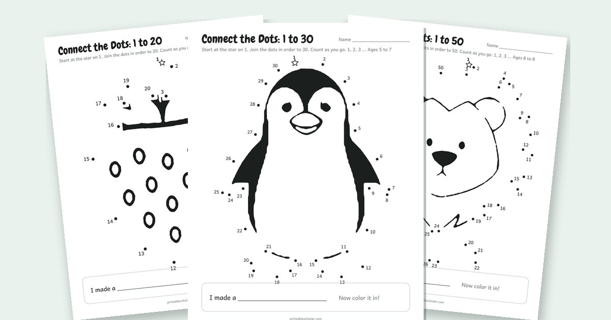 Three printable connect the dots sheets: a penguin, a lion and a strawberry