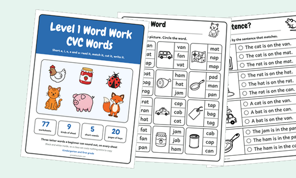The Level 1 Word Work cover and three CVC word sheets