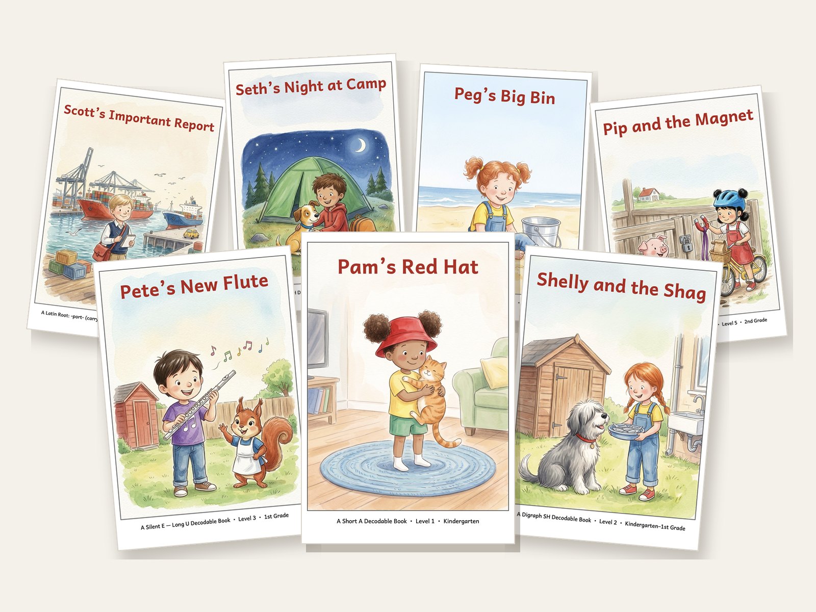 A spread of illustrated decodable mini-book covers from Levels 1 to 6, including Pam's Red Hat, Shelly and the Shag, and Pete's New Flute