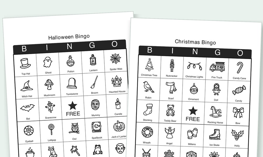 Two printable picture bingo cards: Halloween and Christmas