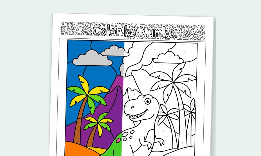 A color-by-number dinosaur page, half colored in