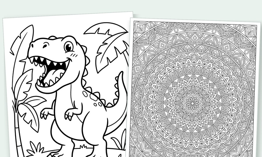 Two printable coloring pages: a T-rex for kids and a mandala for adults
