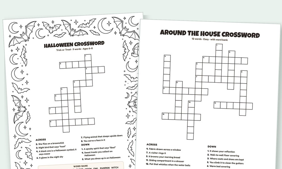 Two printable crossword puzzles: a Halloween crossword for kids and an Around the House crossword for adults