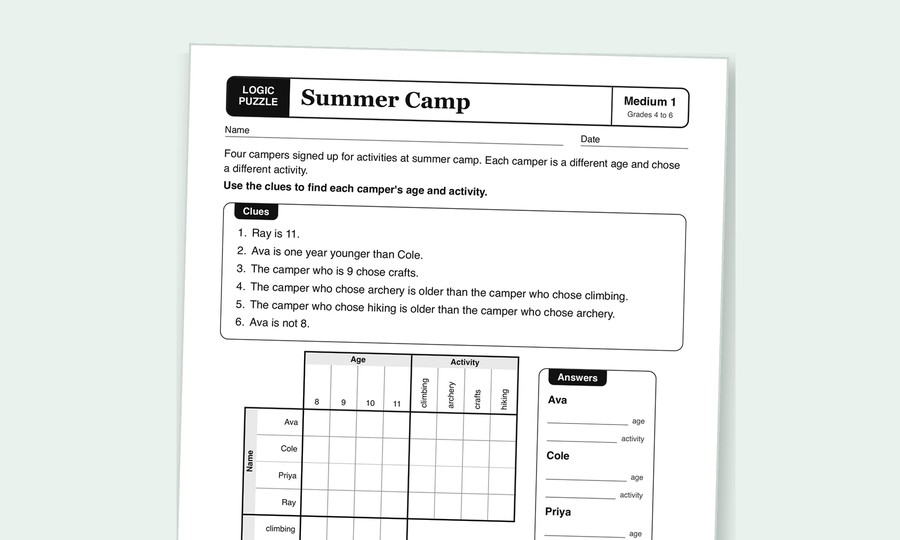 A printable logic grid puzzle with clues, a grid and an answer box