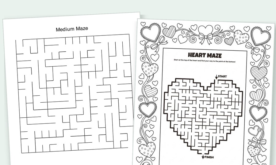 Two printable mazes: a medium maze and a heart-shaped maze