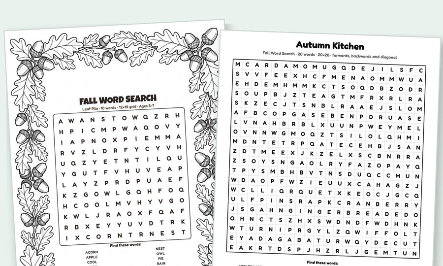 Two printable word searches: an easy fall word search for kids and a 20 by 20 word search for adults
